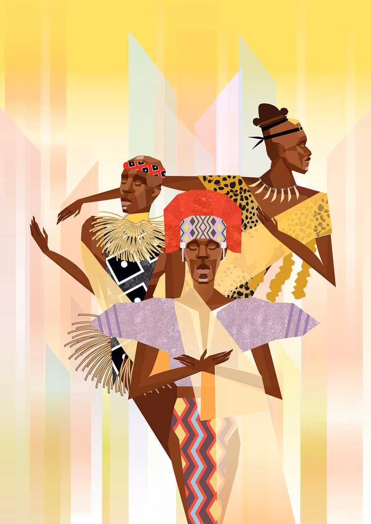 Costumes such as Makishi were not decorative. Through movement, material and ritual, they transformed the wearer into a spiritual intermediary. ( Illustrations by Tsungai Kaunda for Nkwazi Magazine).