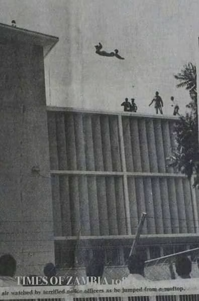Escaping justice - the Lusaka Strangler jumps to his death from the roof of the Zambia Police HQ (Image courtesy of Times of Zambia).